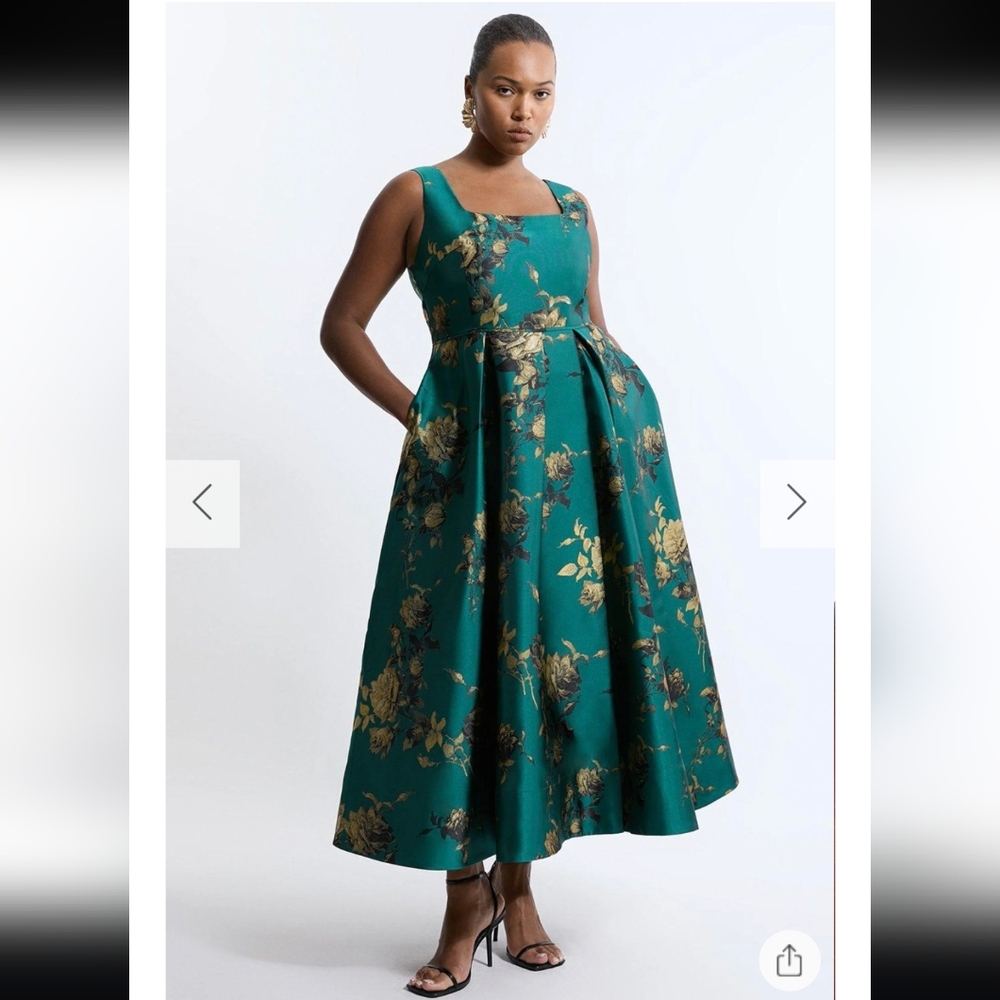 Karen Millen Teal and Gold Floral Midi Dress